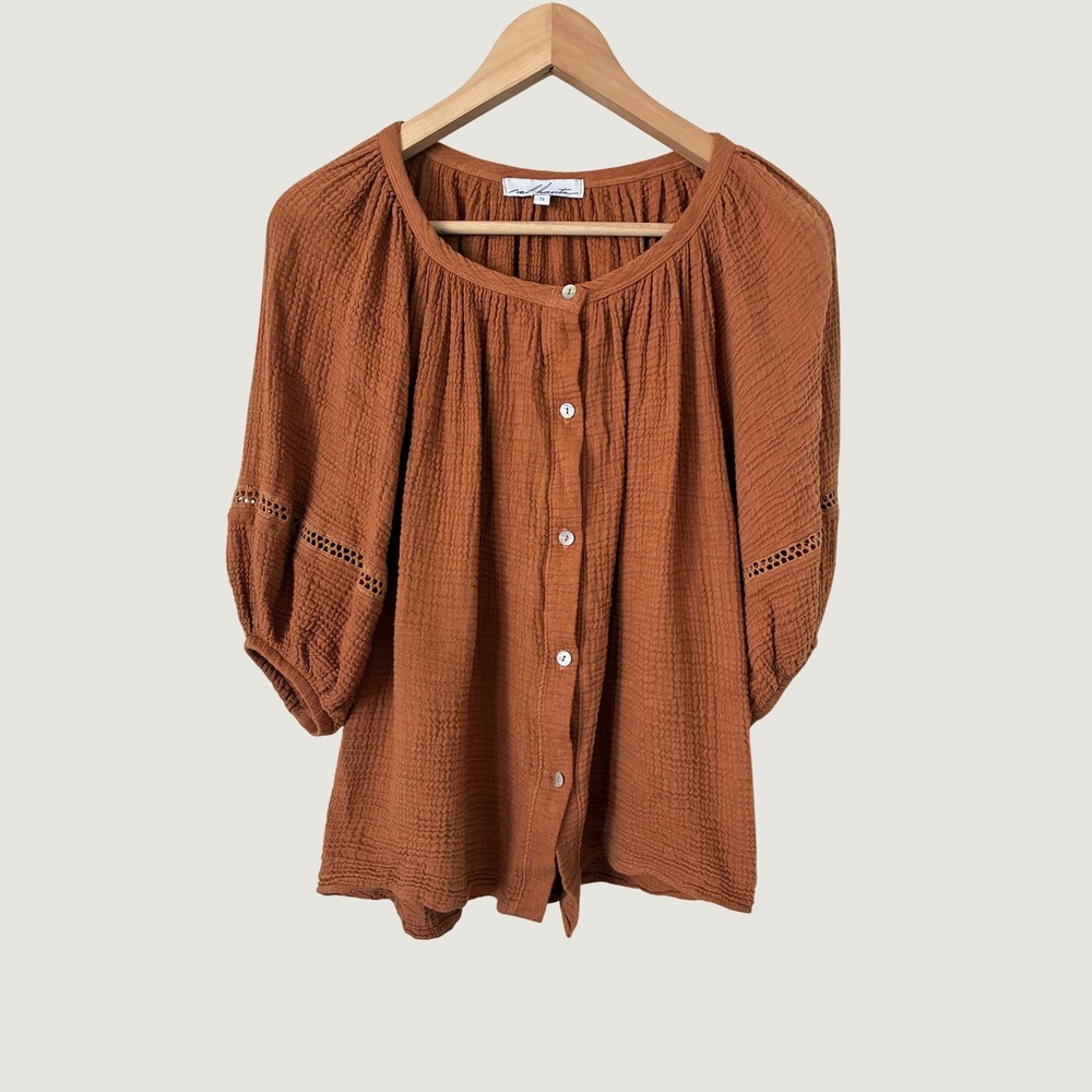 Red Haute Rust Boho Gauze Button Down Balloon Sleeve boho cottagecore Blouse S